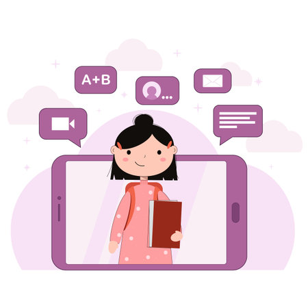 Happy schoolgirl with exercise books is ready for online study. Vector banner for education website, app, distance courses. Back to digital schoolのイラスト素材