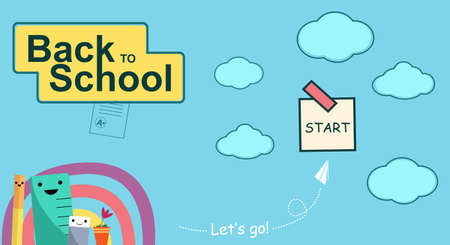 Funny characters for home schooling banner, online education. Web page design template for elementary school, kids. School supplies on blue backgroundのイラスト素材