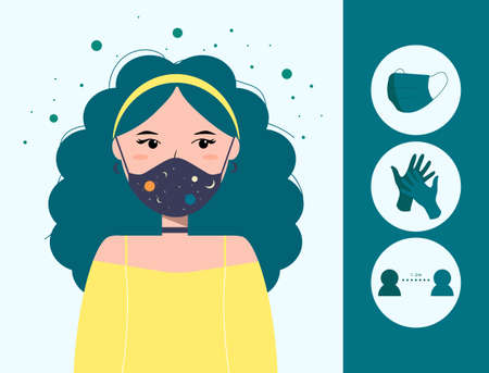 Vector illustration of fashion young girl in medical mask with cosmic print, surrounded by bacteria and virus. Prevents the flu and infection from covid-19. Banner of health care conceptのイラスト素材