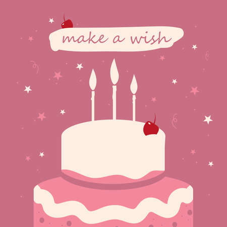 Happy birthday pink greeting card. Cake with candles and cherry. Make a wish quoteのイラスト素材