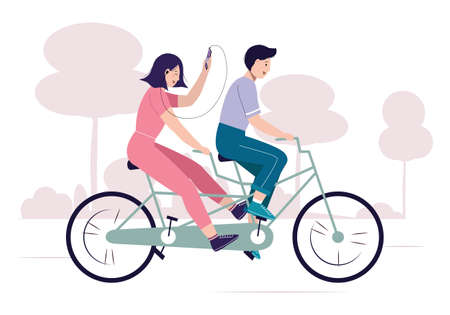 Tandem bike with happy couple. Smiling guy and girl enjoying cycling. Riding bicycle in the park. Walking, sports, traveling. Young woman listens to music. Active lifestyle. Vector illustrationのイラスト素材