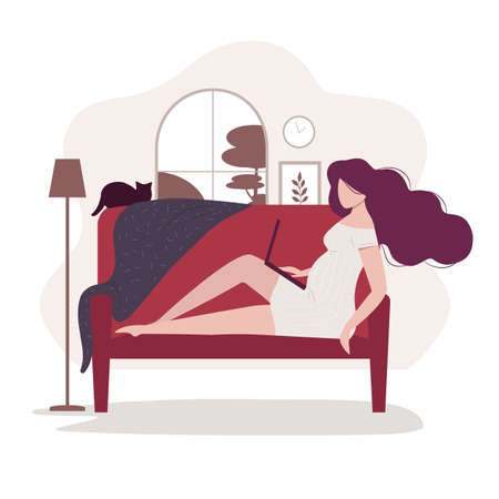 Working at home. Pregnant woman resting on the sofa. Young pretty girl uses laptop in the room or apartment, browsing news. Freelance worker, self employed. Isolated vector illustrationのイラスト素材
