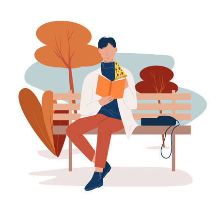 Literature fan. Stylish young man sits on a park bench, reads a book and eats pizza. Exam preparation, study or lunch break. Isolated vector illustrationのイラスト素材
