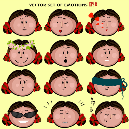 Emoticon icons set of cute girl with various emotions, emoji, facial, feeling, mood, personality.のイラスト素材