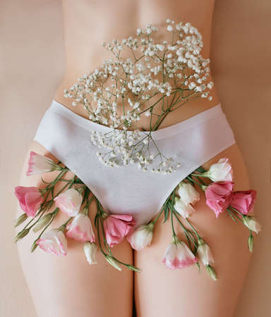 flowers poke out of white cotton underpants. rosebuds of pink and white roses peek out from under the underwear line in the bikini areaの写真素材
