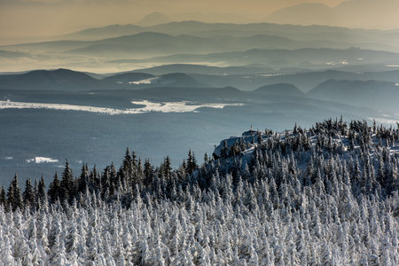 Snowy landscape in mountains east Carpathians, Harghita region, Romania.