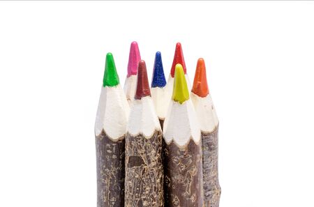 Close up of wooden rustic color crayon isolated on a white background.の写真素材