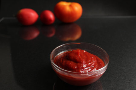a glass saucepan with red tomato vegetable sauce stands on a black background in the background next...
