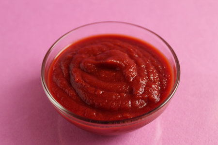 red tomato sauce in a glass sauce bowl stands on a pink fuchsia background with a copy space