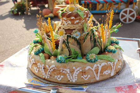 traditional festive wedding Russian Belarusian Slavic bread loaf close up