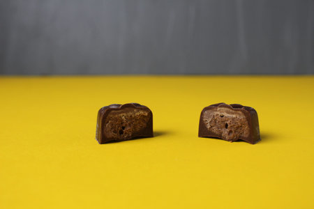 Chocolate Day. Close-up of chocolates on yellow gray background with space for copy space text.