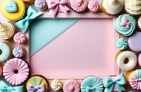 Frame of cookies and sweets cakes with space for copy space mockup text. Sweets Day.の写真素材