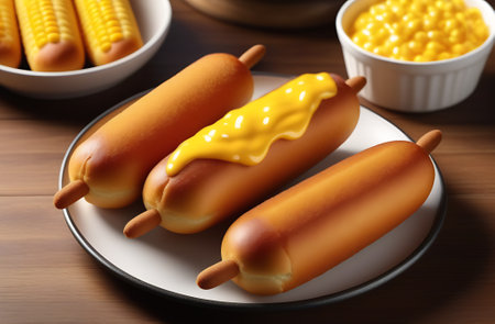 Three corndogs with mustard sauce lying on a plate on the table close-up. American Fast Food.の写真素材