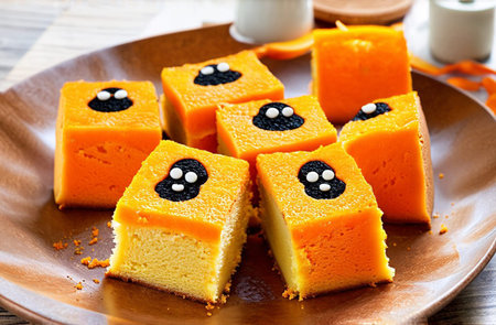 orange dessert for Halloween. Pieces of orange bixite with a black pattern on top of the ghost...