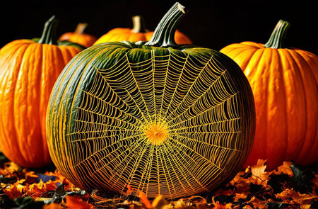 Pumpkin with spider web preparation Halloween. Halloween Holiday Decorations Pumpkin Web Spiders.