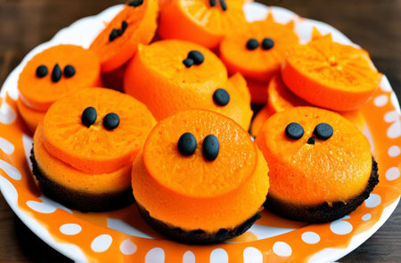 Orange Monster Cakes with black eyes. Funny beautiful treats for a childrens party or Halloweenの写真素材