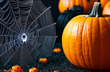 Pumpkin on a black spider web background. Background for Halloween with pumpkins and poutine.