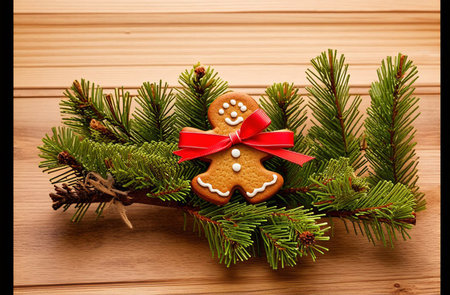 gingerbread cookies on a spruce branch as a Christmas tree decoration. Festive atmosphere