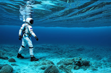 Diver diving into the water of the ocean sea against the background of coral and bottomの写真素材