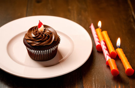 Muffin with candle on plate close-up. Birthday celebration. Congratulations on the holidayの写真素材