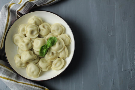 dumplings dumplings with filling and herbs in a plate on a gray background top view with space for text copyspace.の写真素材