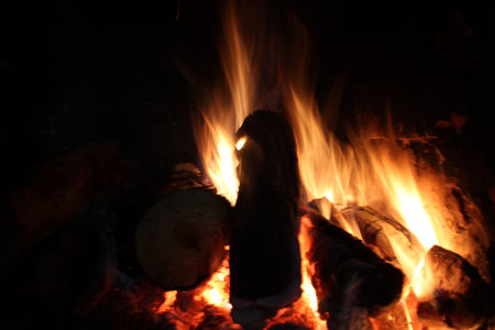 bonfire fire with smoke close-up in the dark on a black background. Burning wood.