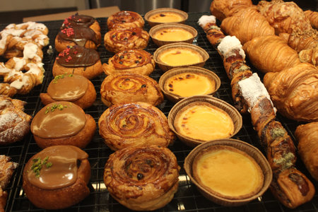 Close-up cafe showcase with cakes.