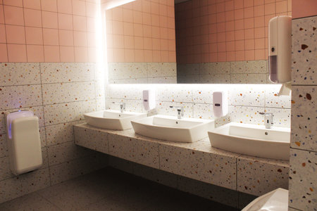washbasin area in a public toilet. Modern designの写真素材