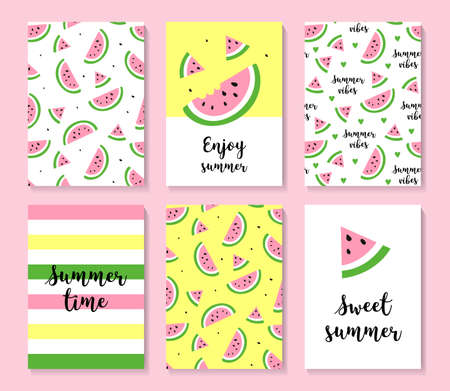 A set of cute summer cards. Watermelon. Summer posters. Vector illustration.のイラスト素材