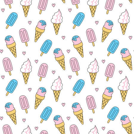 Seamless ice cream pattern on white background. Vector tropical illustration