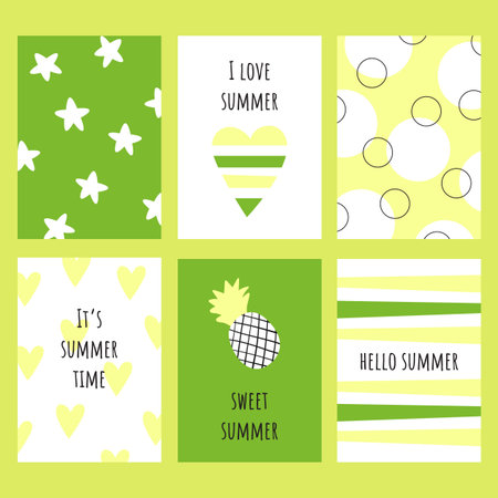 A set of six different cards with summer elements on a yellow, white and green background. Vector...