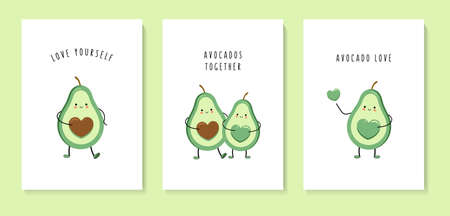 Set of greeting cards with cute green avocados. Loving couple of avocados. Love yourself. Printing on postcards, posters, clothes.のイラスト素材