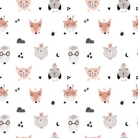 Cute seamless scandinavian patterns with animals. Dog, cat, wolf, bear, fox, giraffe. Cute animals on children`s vector background. Printing on fabric, clothing, wallpaper, paper.のイラスト素材