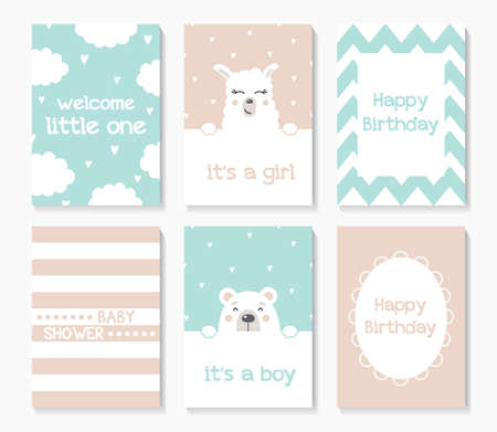 A set of cute baby shower cards. Bear and Lama. Happy Birthday. Congratulatory posters. Vector illustration. Pink, mint, stripes, zigzags.のイラスト素材