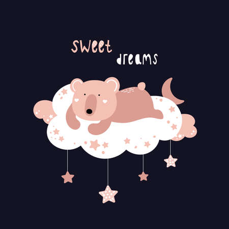 Cute bear is sleeping on a cloud. Sweet Dreams. Cloud and stars. Children's vector illustration. Poster, postcard, pesat on clothes.のイラスト素材