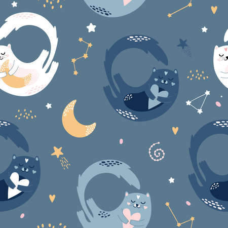 Cute childish pattern with cats at night. Cute cats, clouds, stars, moon, constellations, hearts. Vector night background. Printing on fabric, paper, clothing.のイラスト素材