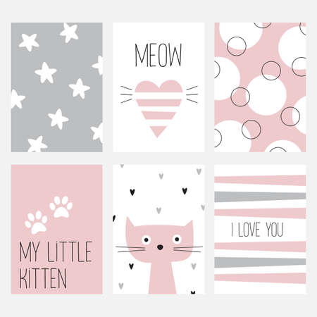 A set of six different cards with a nice cat on a pink, white and gray background. Text: My little kitten, I love you, meow. Vector illustration.のイラスト素材