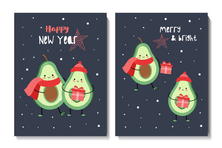 Christmas and Happy New Year set of cards with cute christmas avocado. Suitable for postcards, posters, printing, children's room. Creative vector childish background for fabric, textileのイラスト素材