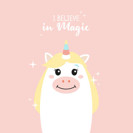 Cute unicorn. I believe in magic. Stars. Children's vector illustration. Postcard, poster, clothing, fabric, wrapping paper.のイラスト素材