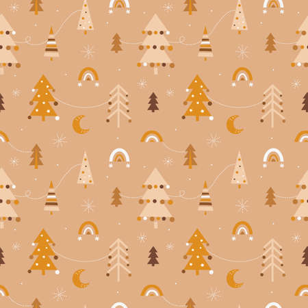 Cute seamless Christmas pattern with Christmas trees in boho style. Vector background. Set of different Christmas trees, toy, snow, ball. Wrapping paper, fabric, textiles.のイラスト素材