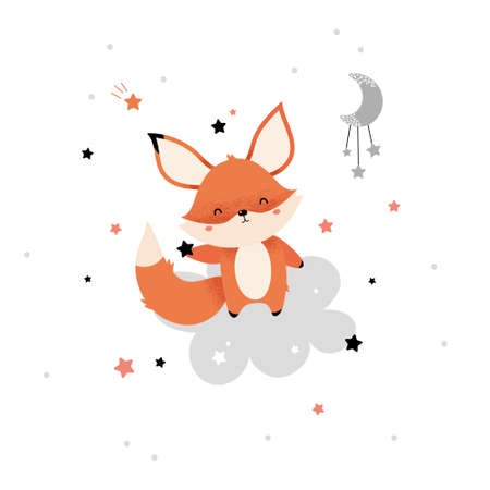 Cute red fox with a star. Children's vector illustration in the Scandinavian style. Printing on clothes, posters, cards, fabrics.のイラスト素材