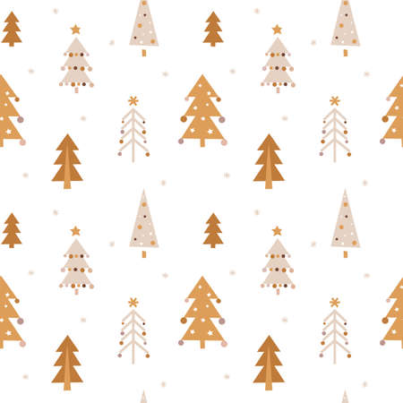 Cute seamless Christmas pattern with Christmas trees in boho style. Vector background. Set of different Christmas trees, toy, snow, ball. Wrapping paper, fabric, textiles.のイラスト素材