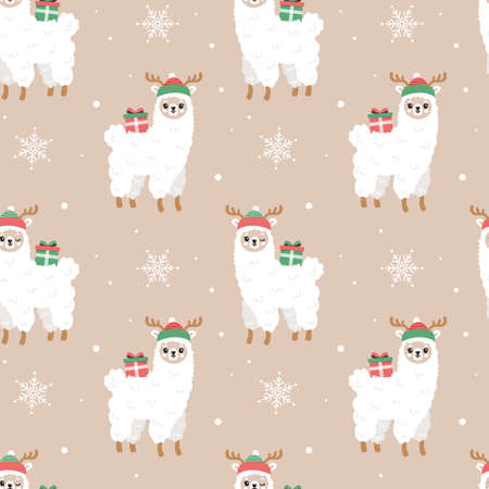 Cute seamless new year pattern with llamas. Cute alpaca in a red hat with a gift. Snowflakes, gift, lama. Vector children's Christmas illustration.のイラスト素材