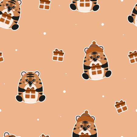 Cute seamless Christmas pattern with tigers and gifts. Vector background. Wrapping paper, fabric, textiles. New Year, Christmas, congratulations.のイラスト素材