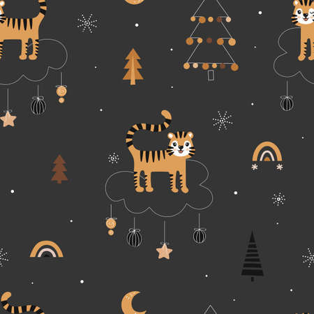 Cute seamless Christmas pattern with tigers and Christmas trees. Vector dark background. Set of different Christmas trees, toy, snow, ball. Wrapping paper, fabric, textiles.のイラスト素材