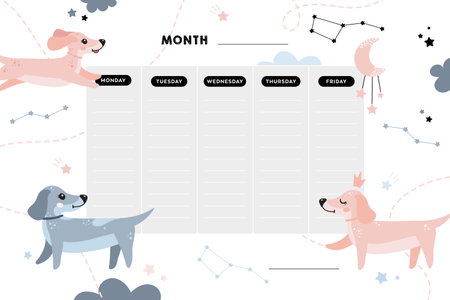 School Timetable. School lessons. Cute baby poster with dogs. Fox, stars, constellation, moon, sky. School poster. Printing on a notebook, poster, postcard.のイラスト素材