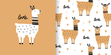 Iluustration and seamless pattern with llama and hand drawn elements. Valentines day card. Creative childish texture. Great for fabric, textile Vector Illustrationのイラスト素材