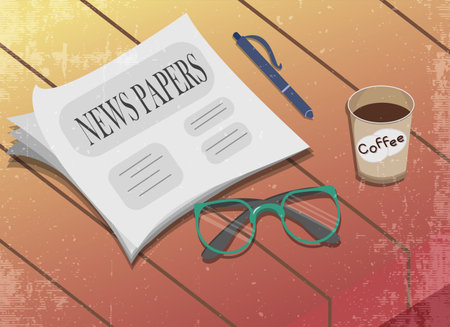 Vintage newspaper on the table, glasses, pen and coffee cupのイラスト素材