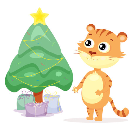 A cute tiger stands near a decorated Christmas treeのイラスト素材