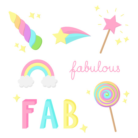 Fabulous, sparkling, magic, rainbow, hand drawn. Unicorn horn, rainbow, magic wand, comet star, sweet lollipop and fabulous writings, isolated.のイラスト素材